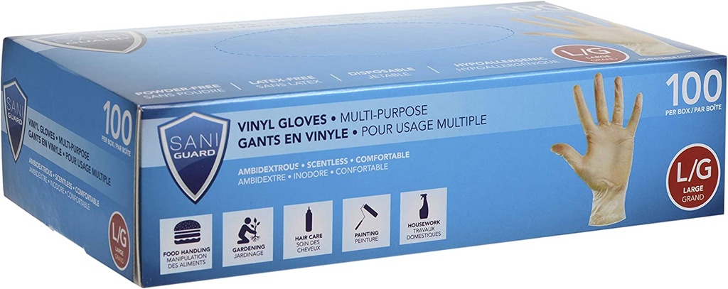 SANIGUARD® Gants en vinyle non-médicaux sans poudre - Grand (100) Transparent