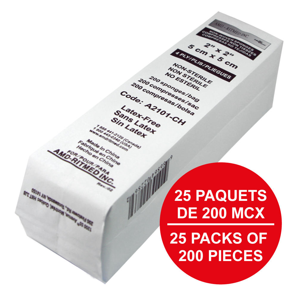 AMD Ritmed® Compresses non-tissées tout usage - 4 épaisseurs  2" x 2"(200) - Blanc