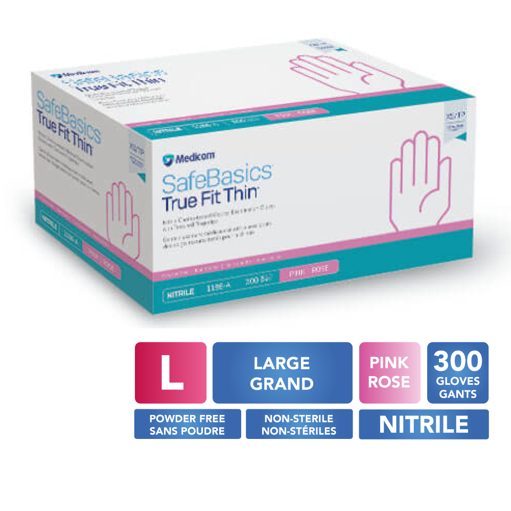 [5MED1186-D] MEDICOM® SafeBasics™ True Fit Thin™ Powder Free Textured Nitrile Gloves - Large (300) Pink