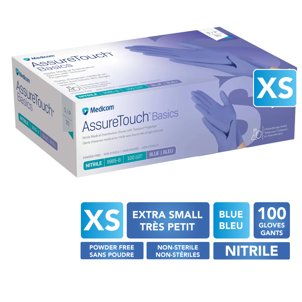 [5MED9985-A] MEDICOM® AssureTouch™ Basics Gants de nitrile texturés sans poudre - Très Petit (100) Bleu