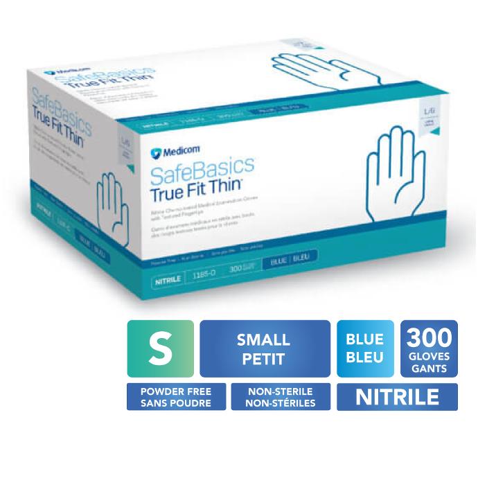 [5MED1185B PETIT-BLEU] MEDICOM® SafeBasics™ True Fit Thin™ Powder Free Textured Nitrile Gloves - Small (300) Blue