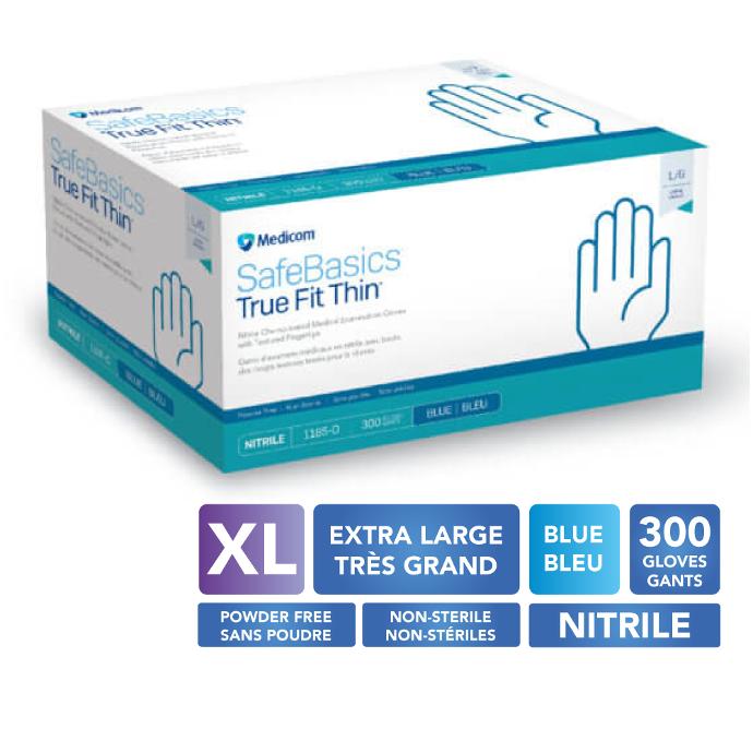 [5MED1185E XGRAND BLE] MEDICOM® SafeBasics™ True Fit Thin™ Powder Free Textured Nitrile Gloves - X-Large (300) Blue