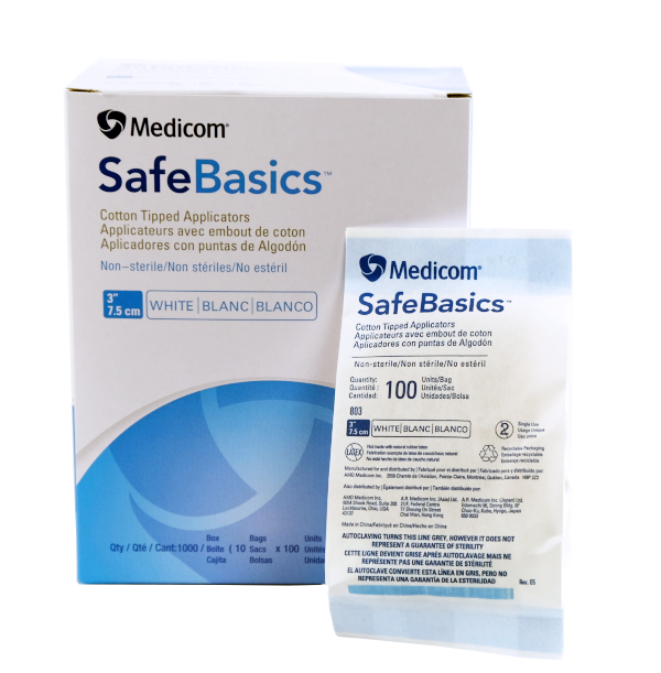 [5MED803] MEDICOM® SafeBasics ™ Applicators with cotton tip (cotton swab) - 3 "- Non-sterile (1000) White