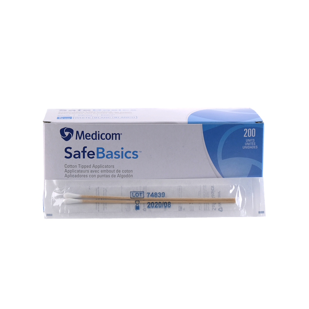 [5MED807] MEDICOM® SafeBasics™ Applicateurs avec embout de coton (coton tige) 6" - Stériles (200) Blanc