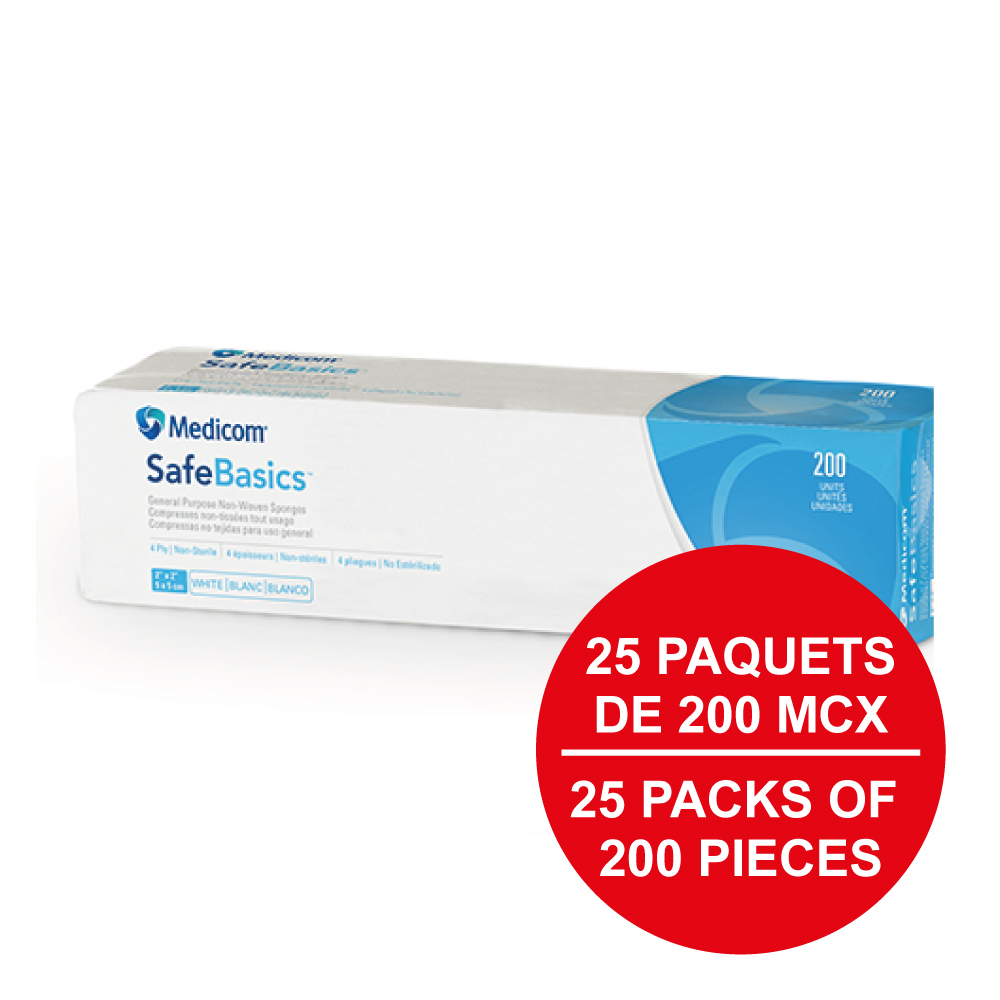 MEDICOM SafeBasics® Compresses non-tissées tout usage - 4 épaisseurs 2" x 2" (200) - Blanc